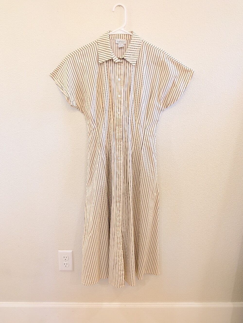 Nicole Miller Cream and Black Striped Button-Front Midi Dress